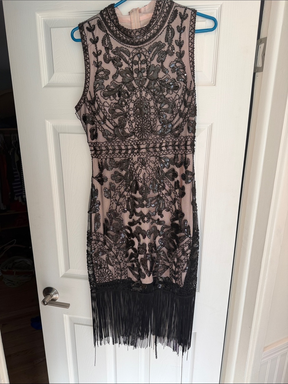 Unique Vintage Blush and Black Beaded Fringe Midi Dress
